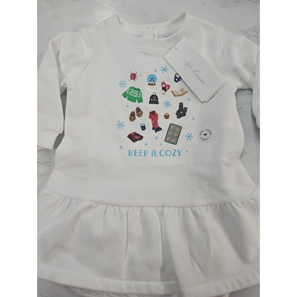 Ralph Lauren Baby Girls Winter Icon Fleece Dress & Bloomer White Size 6M NEW $60